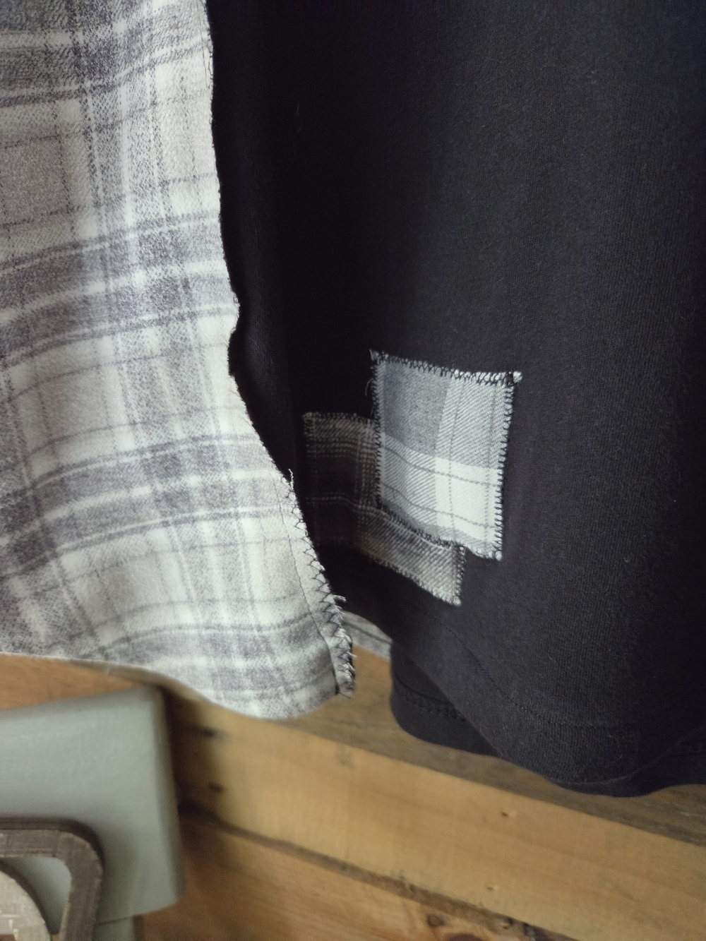 Upcycled Graphic T-shirt With  Gray Plaid Sleeves - Picture 7 of 9